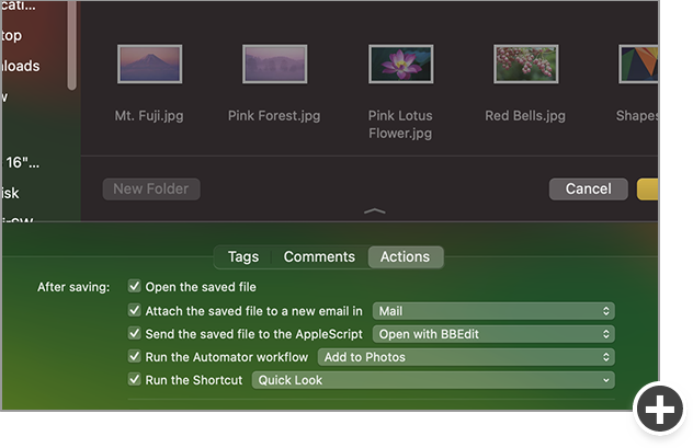 Panels below Save dialogs let you add tags and comments, as well as perform actions on the file after saving.